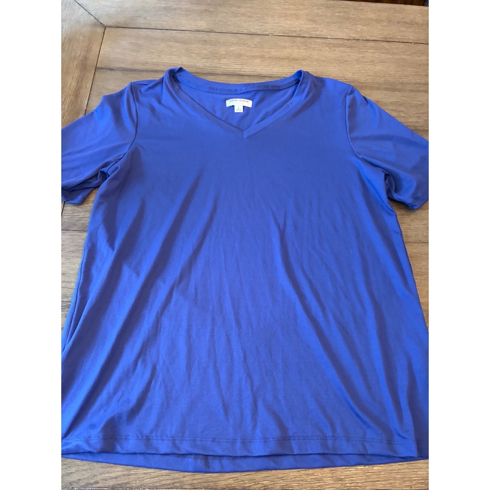 Anne Klein V-Neck Top Womens Small Royal Blue Short Sleeve Stretch Jersey Basic